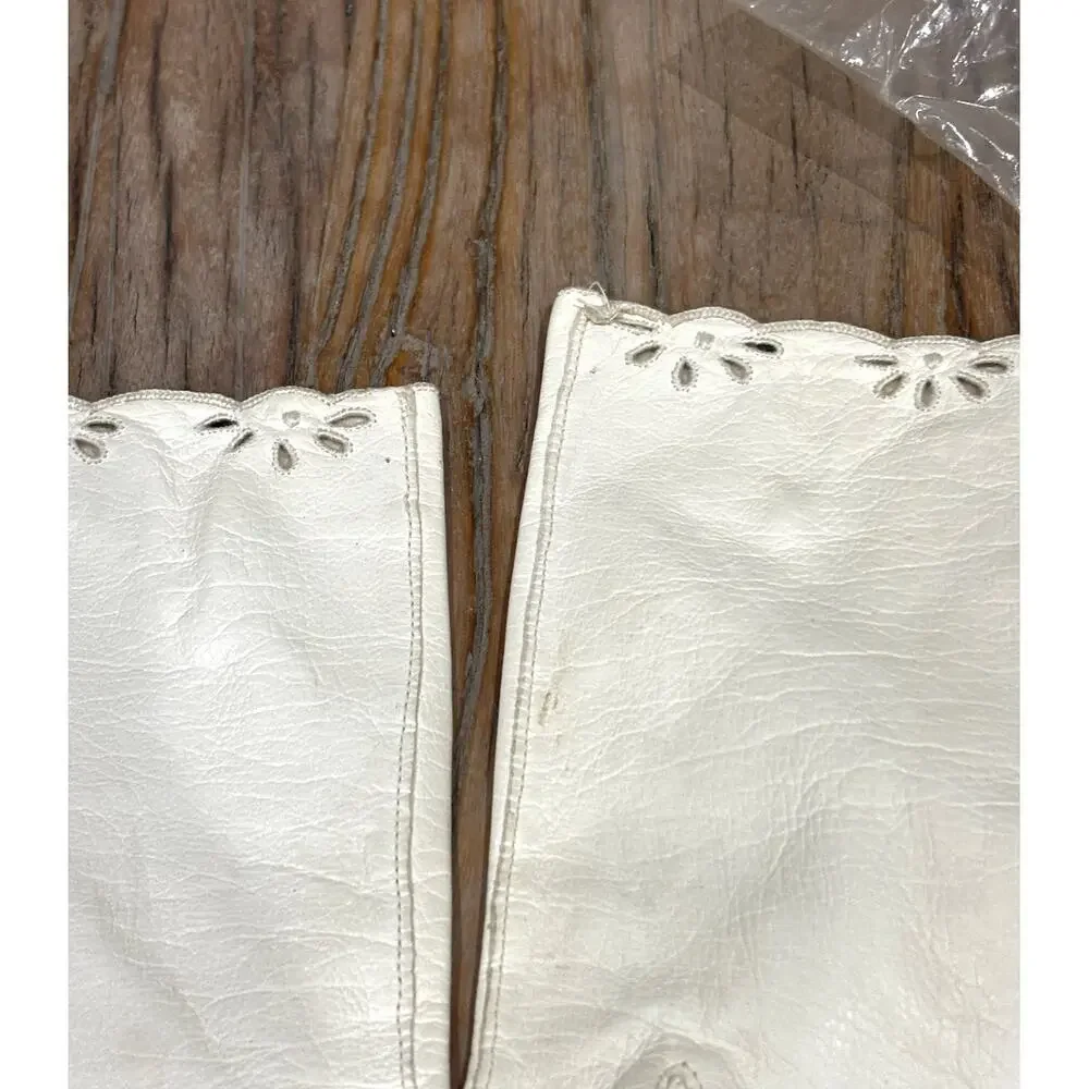 Vintage 1950s White Leather Gloves with Cutout Floral Trim Elegant Mid-Century